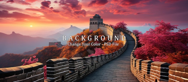 Free PSD the great wall of china at sunset with pink flowers and red sky