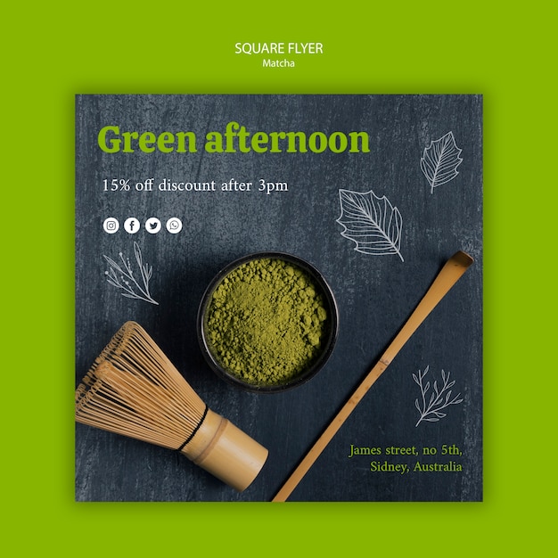 Green afternoon matcha tea square flyer