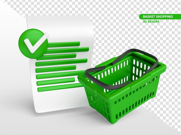 Green supermarket basket with paper in 3d render with transparent background