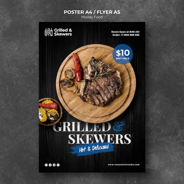 Free PSD grilled steak restaurant poster template