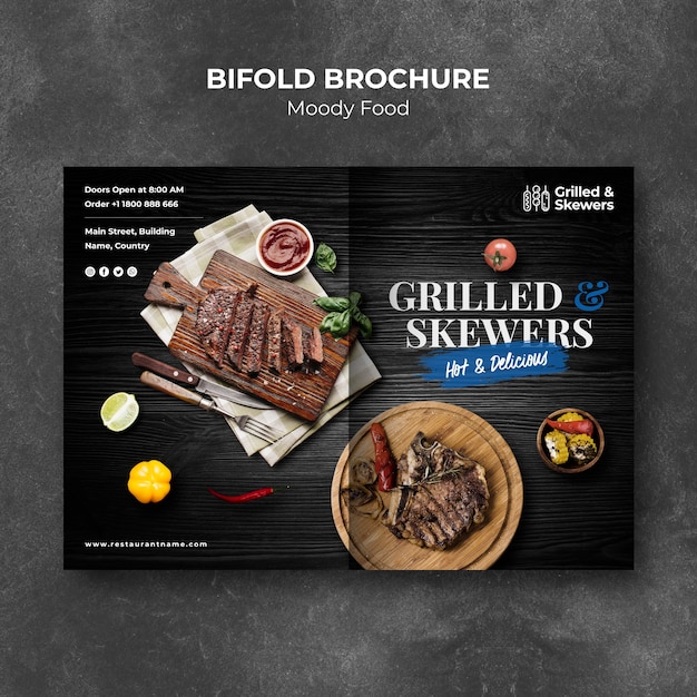 Grilled steak and veggies restaurant bifold brochure template