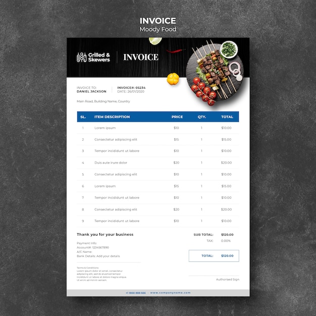 Grilled steak and veggies restaurant invoice template