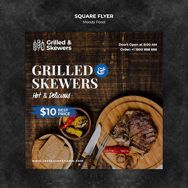 Grilled steak and veggies restaurant square flyer template