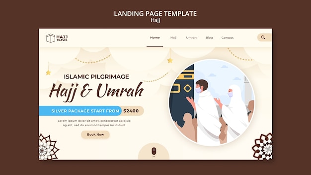 Free PSD hajj landing page template with mecca and people praying