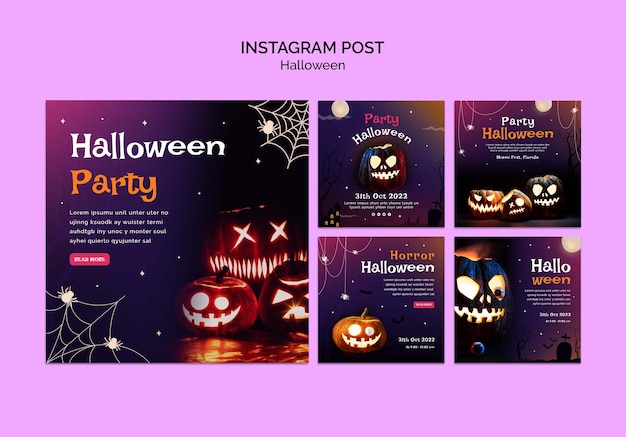 Halloween instagram posts collection with scary pumpkins