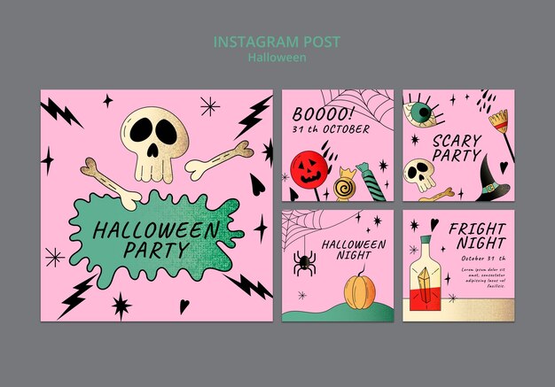 Halloween instagram posts collection with shiny texture