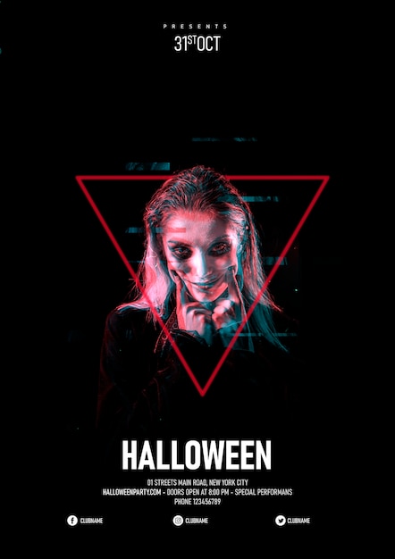 Free PSD halloween make-up woman in a triangle and glitch effect