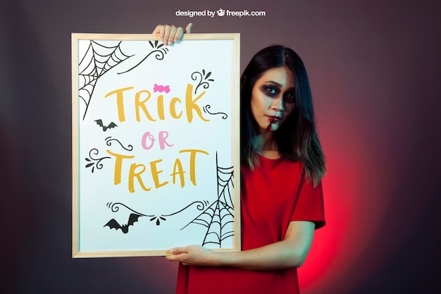 Free PSD halloween mockup with girl holding whiteboard