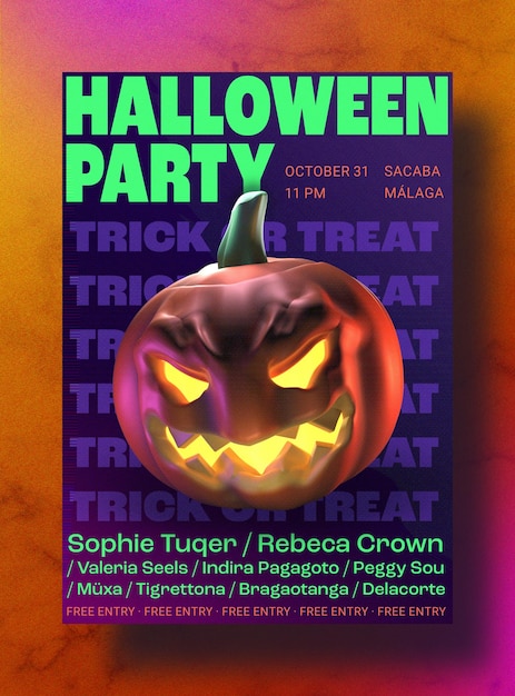 Free PSD halloween party poster template in brutalist style and with a huge floating 3d pumpkin