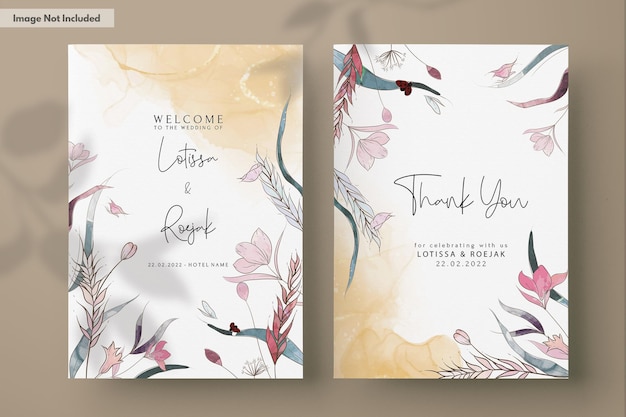 Free PSD hand drawing watercolor with line art floral  wedding invitation card