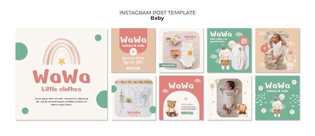 Free PSD hand drawn baby items instagram posts