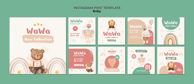 Free PSD hand drawn baby items instagram posts