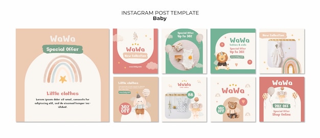 Free PSD hand drawn baby items instagram posts