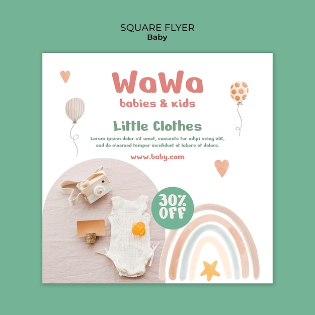 Free PSD hand drawn baby items square flyer