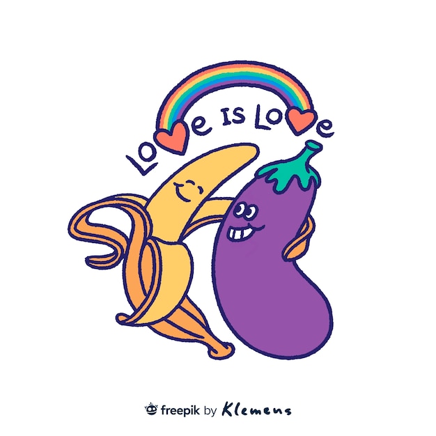 Hand drawn banana and eggplant in love