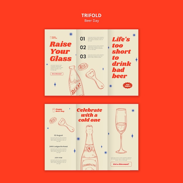 Free PSD hand drawn beer day celebration trifold brochure