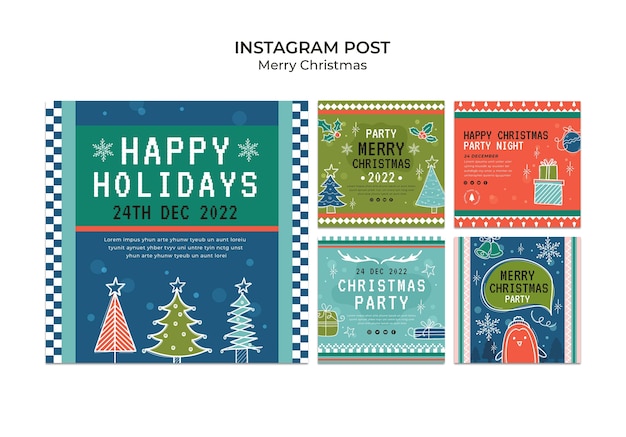 Free PSD hand drawn christmas party instagram posts set