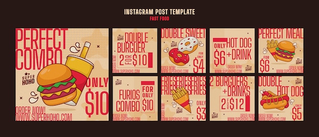 Free PSD hand drawn delicious fast food instagram posts