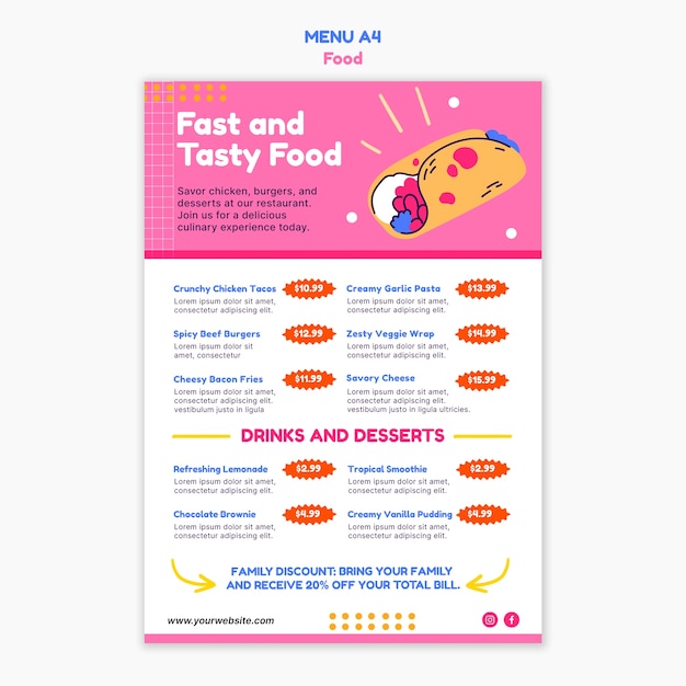 Hand drawn delicious food menu template