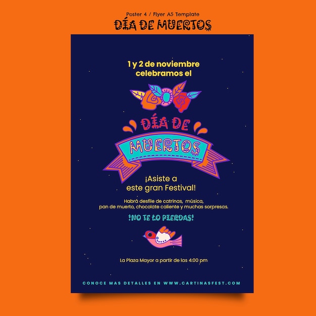 Free PSD hand drawn dia de muertos poster template