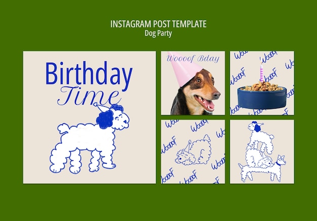 Free PSD hand drawn dog party instagram posts