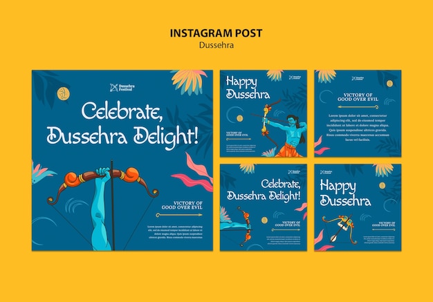 Free PSD hand drawn dussehra celebration instagram posts