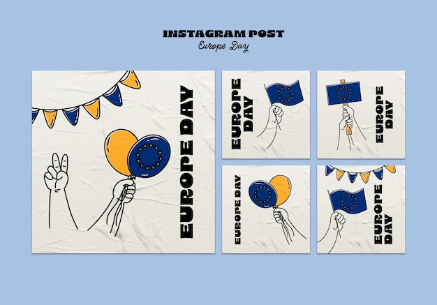 Free PSD hand drawn europe day instagram posts