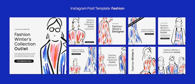 Free PSD hand drawn fashion collection instagram posts