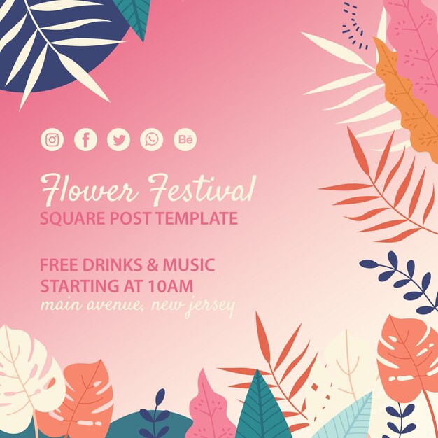 Hand drawn flower festival square post template