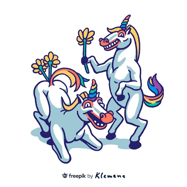 Hand drawn happy unicorns with flowers