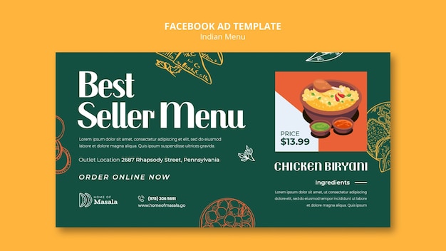 Hand drawn indian menu facebook template