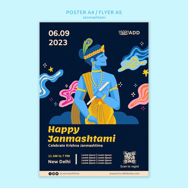 Free PSD hand drawn janmashtami celebration poster template