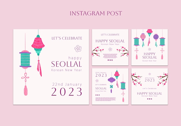 Hand drawn korean new year instagram post set