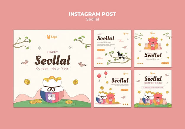 Free PSD hand drawn korean new year  instagram posts