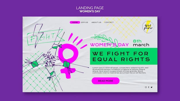 Free PSD hand drawn landing page template for women's day celebration