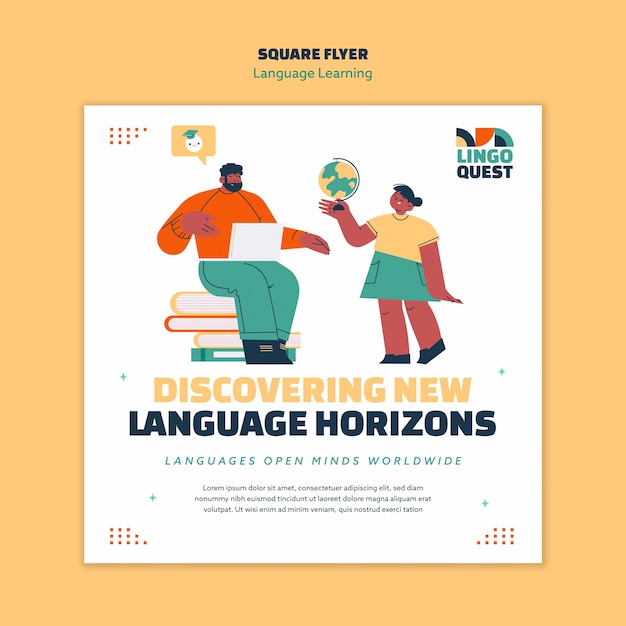 Free PSD hand drawn language learning square flyer