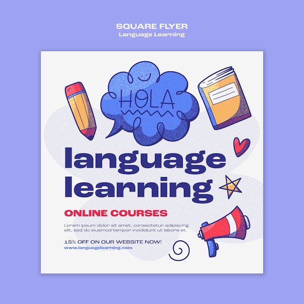 Free PSD hand drawn language learning square flyer