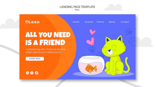 Free PSD hand drawn pets care landing page template