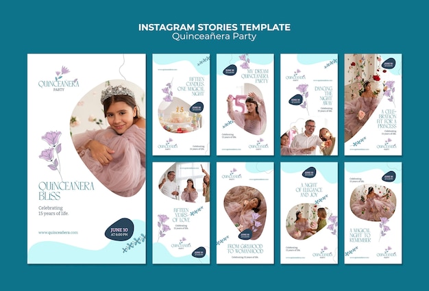 Free PSD hand drawn quinceanera party instagram stories