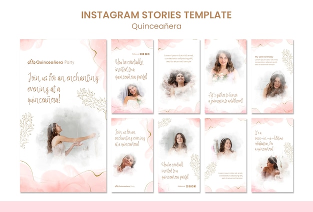 Free PSD hand drawn quinceanera party instagram stories