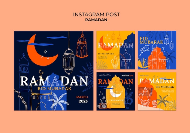 Free PSD hand drawn ramadan celebration instagram posts