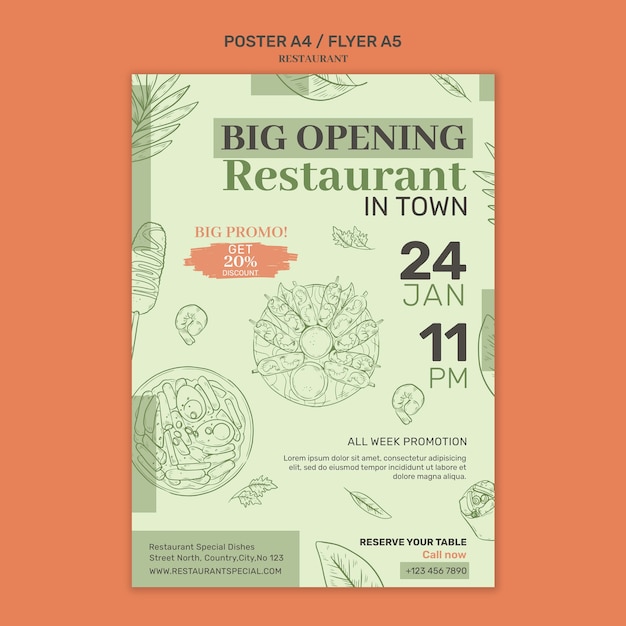 Free PSD hand drawn restaurant opening poster template