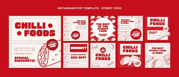 Free PSD hand drawn street food  instagram posts