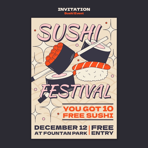 Free PSD hand drawn sushi event invitation template