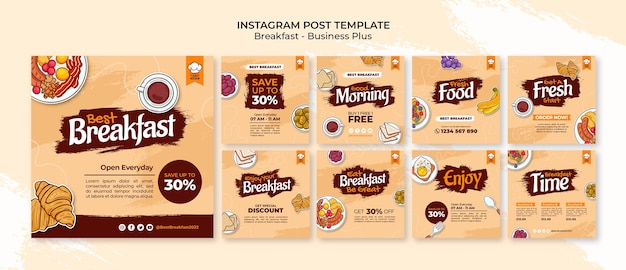 Free PSD hand drawn tasty breakfast instagram post set