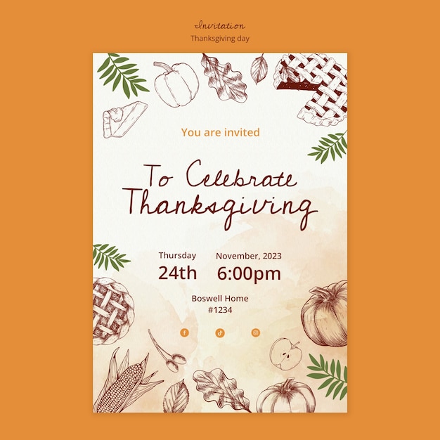 Free PSD hand drawn thanksgiving celebration invitation