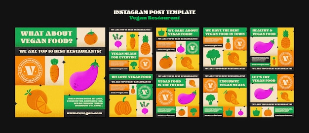 Free PSD hand drawn vegan restaurant instagram posts