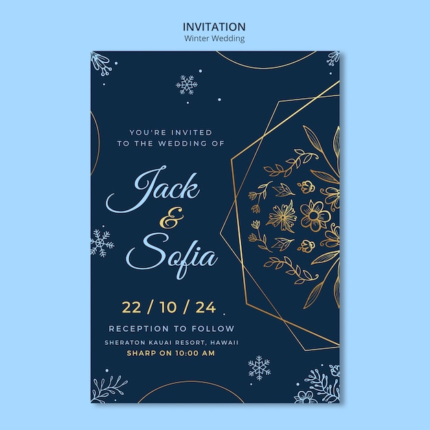 Free PSD hand drawn winter wedding invitation template