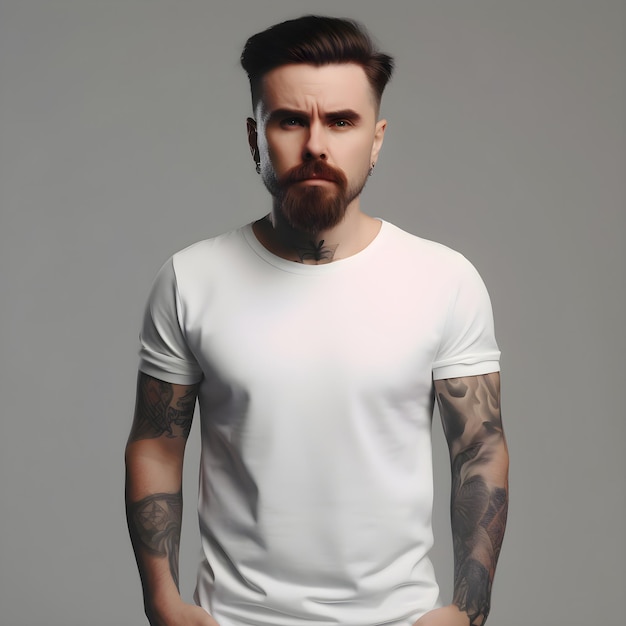 Free PSD handsome bearded man in white t shirt over grey background