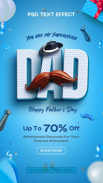 Free PSD happy fathers day sale advertising social media post with editable text effect